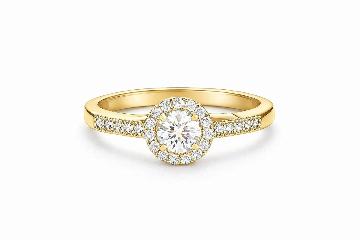 14K Yellow Gold Round Diamond Halo Engagement Ring, 0.85 ct