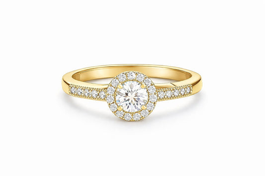 14K Yellow Gold Round Diamond Halo Engagement Ring, 0.85 ct