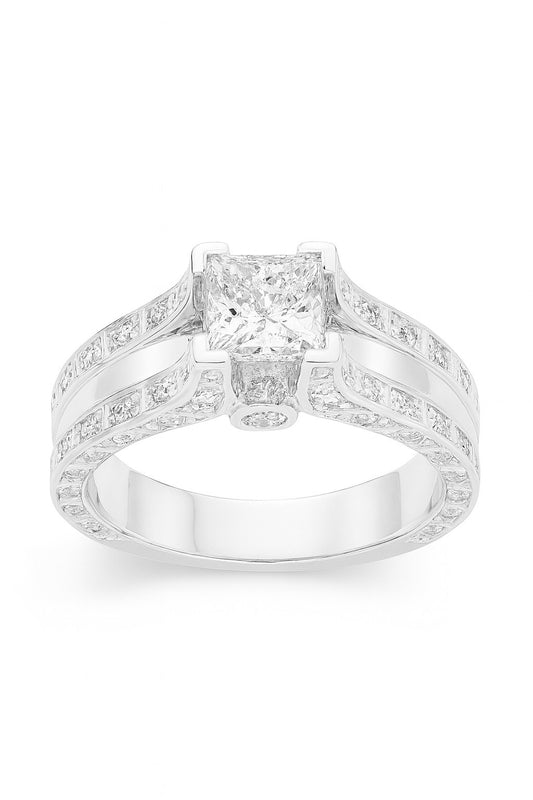 Princess Cut Diamond Solitaire Ring with Baguettes, 0.81 ct