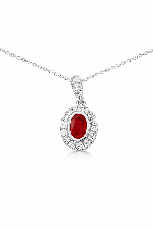 14K White Gold Ruby and Round Diamond Pendant, 0.53 ct Ruby