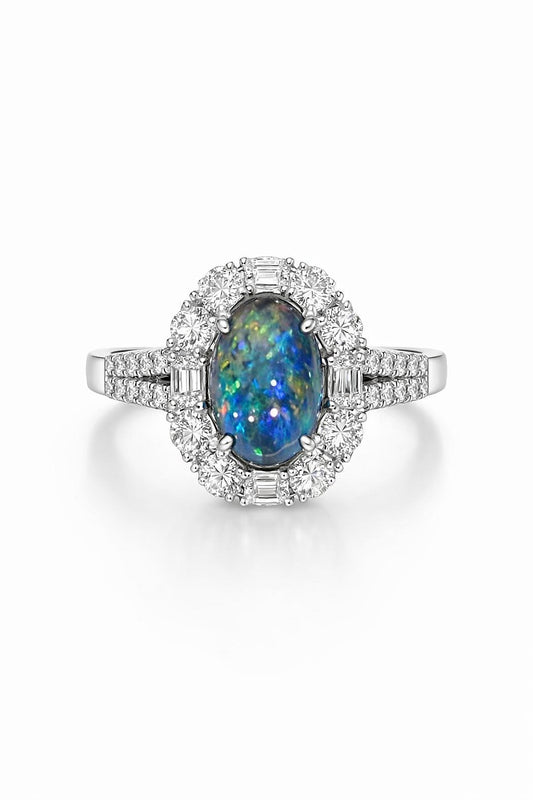 14K White Gold Black Opal and Diamond Halo Ring, 1.94 ct Opal
