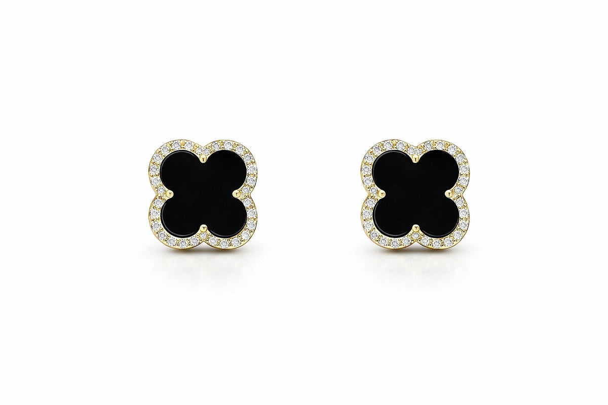 14K Yellow Gold Onyx and Diamond Clover Earrings, 0.15 ct