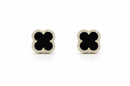 14K Yellow Gold Onyx and Diamond Clover Earrings, 0.15 ct