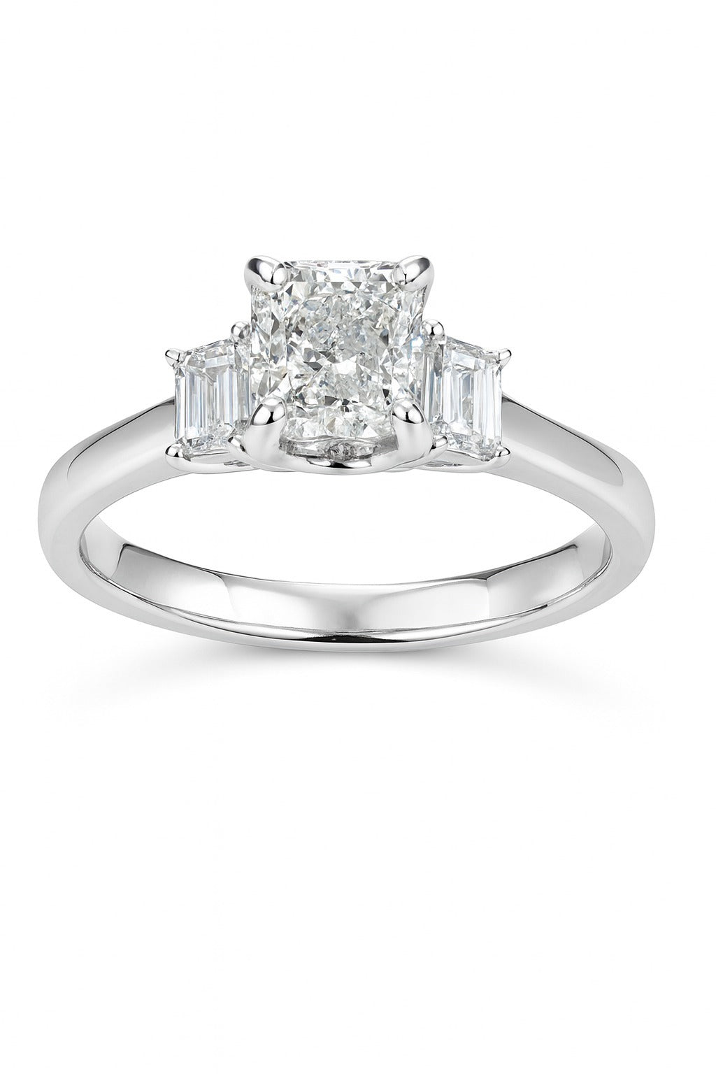 18KT White Gold Three Stone Natural Diamond Ring With 1.02CT Radiant Cut Center Stone GIA Certified : 6147477924 Side St