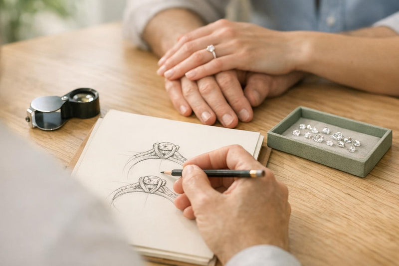 Sketching a custom engagement ring design with a couple during a consultation at Hannoush Jewelers