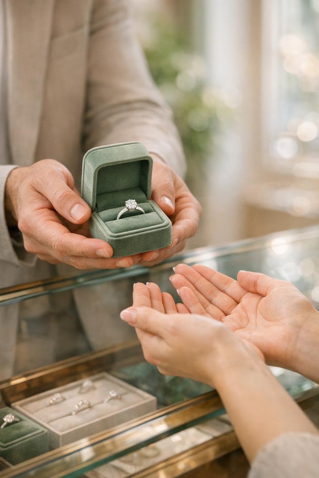 Hannoush jeweler presenting a finished custom diamond ring to a customer