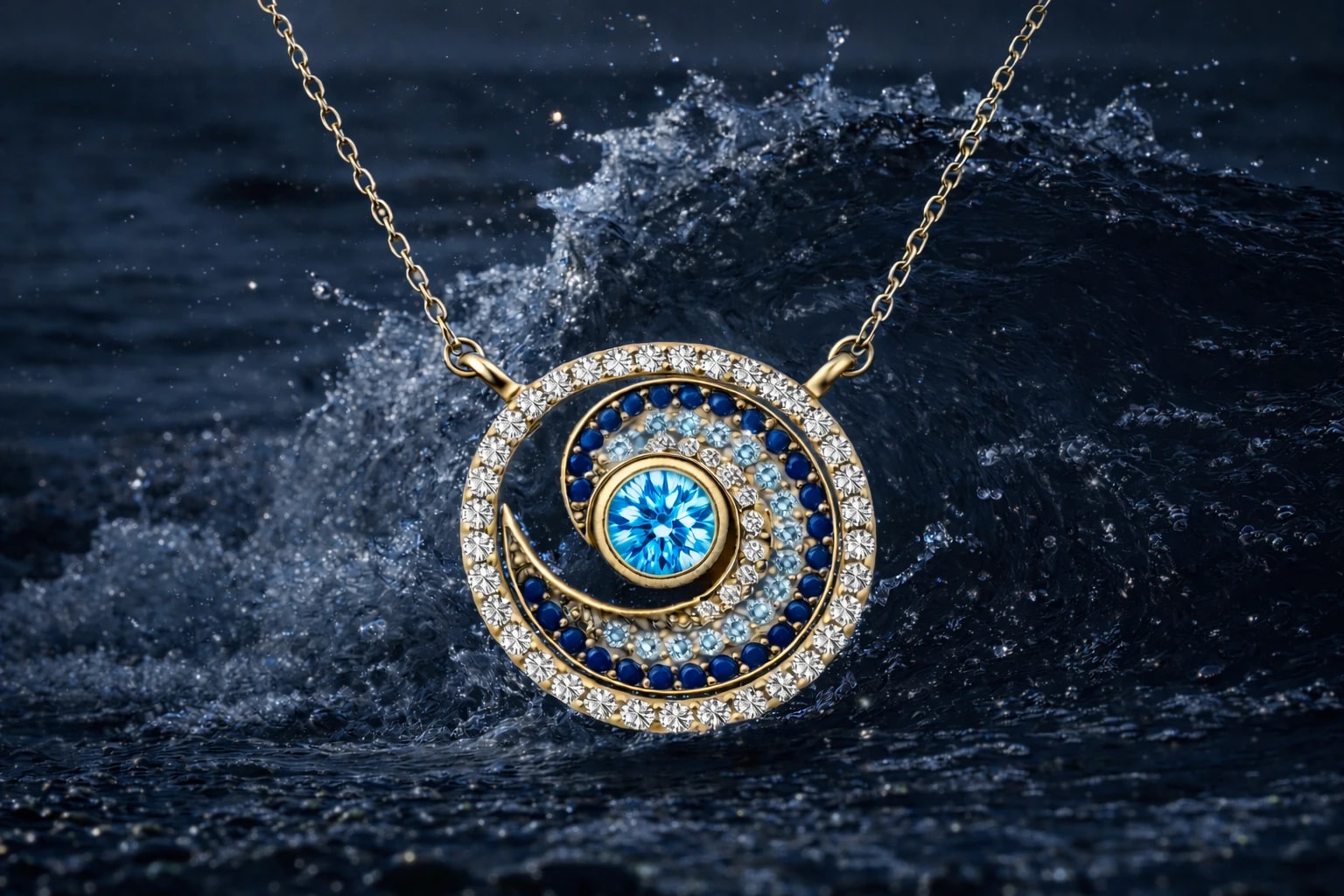 Cape Cod Moments wave pendant with blue topaz in an ocean wave