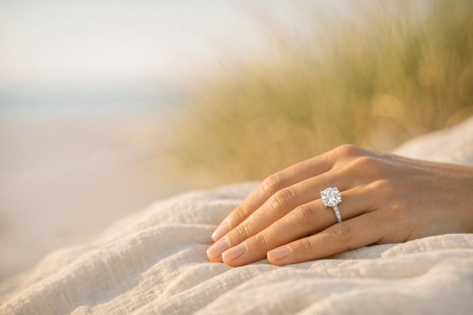 Diamond solitaire engagement ring on Cape Cod linen