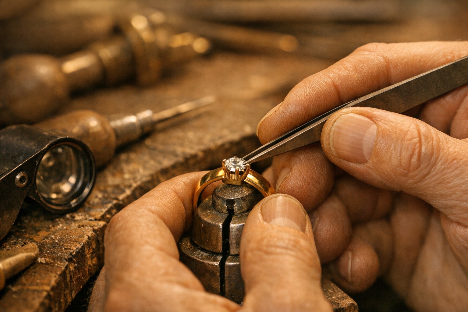 A jeweler setting a diamond at the bench