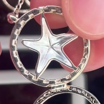 The back of the necklace open, with the Starfish charm's prongs sitting in the slots inside the ring